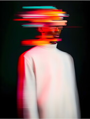Poster - Young man face with digital glitch effect. Portrait of fashionable guy with bright colorful light stripes on his face. Futuristic beauty concept with motion blur