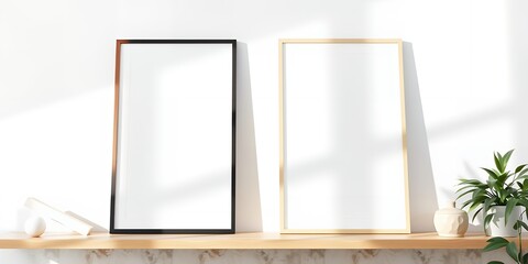 Poster - Two frames on a shelf with a plant and a vase in front of a white wall with shadows cast on it