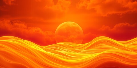 Poster - A fiery orange landscape with wavy dunes and a large sun setting behind a cloudy orange sky