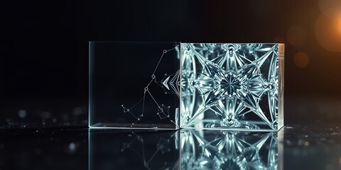 Poster - Two crystal cubes one with a constellation and one with a starburst pattern on a reflective surface