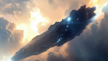 Aufkleber - A spaceship flies through a cloudy sky with white puffy clouds