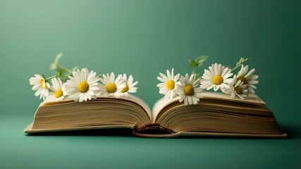 Poster - A closed book with a bouquet of fresh daisies on top, suitable for educational or creative uses