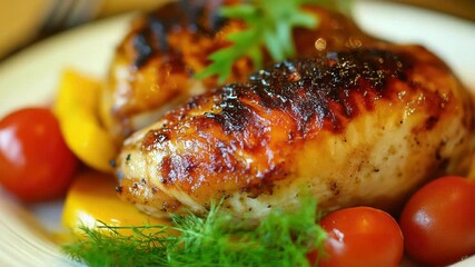 Poster - A simple plate of cooked chicken and tomatoes, great for food photography or recipe illustrations