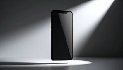 Black Smartphone Under Spotlight on Grey Background