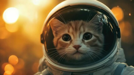 Poster - A curious cat dressed as an astronaut with an orange and white space suit, ideal for illustrations about pets, space exploration, or futuristic themes