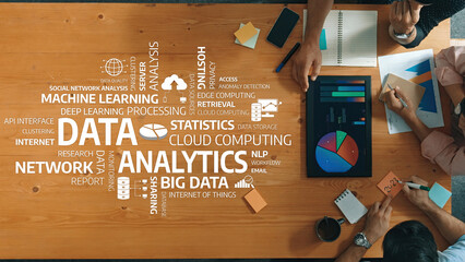 Poster - a comprehensive view of data analytics with charts and graphs displayed on a workspace table, showca