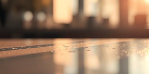 Poster - A close up shot showcasing water droplets on a reflective surface with a blurred background scene