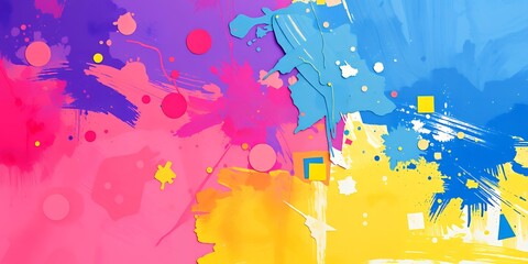 Poster - Abstract background featuring pink purple blue and yellow paint splatters and geometric shapes design
