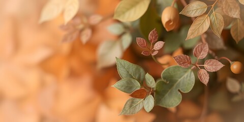 Poster - A close up of leaves in various shades of green, brown, and yellow with a blurred background