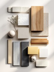 Aufkleber - Flat Layout Showcasing Various Building Materials on a Clean Surface With an Open Side, Emphasizing Texture and Color Contrasts