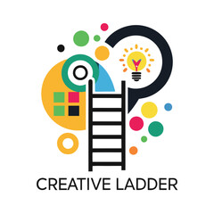Aufkleber - Colorful vector illustration of a creative ladder logo with light bulb and geometric shapes representing innovation and growth in artistic endeavors