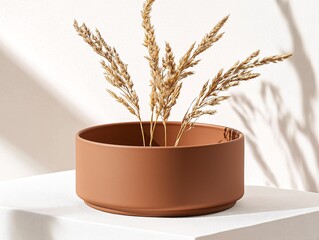 Poster - Terracotta Curved Ceramic Bowl with Dried Pampas Grass on White Background
