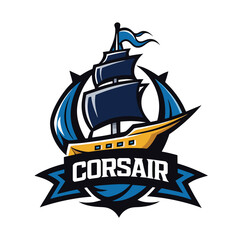 Poster - Creative corsair ship logo design featuring a bold vector illustration and shield background, perfect for branding maritime-themed ventures or pirate-inspired events
