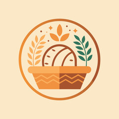 Poster - Vector illustration of a decorative potted plant surrounded by foliage and abstract elements in warm orange and green tones