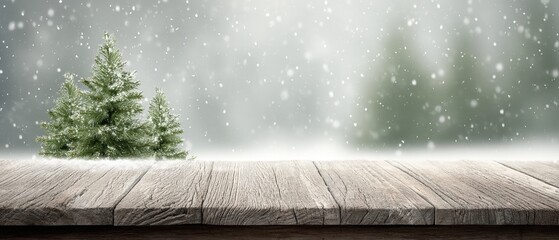 Wall Mural - Snow-covered rustic wooden table with a decorated Christmas tree outdoors in daylight winter setting.