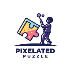 Poster - Creative pixelated puzzle logo featuring a woman carrying a colorful puzzle piece in a modern graphic style