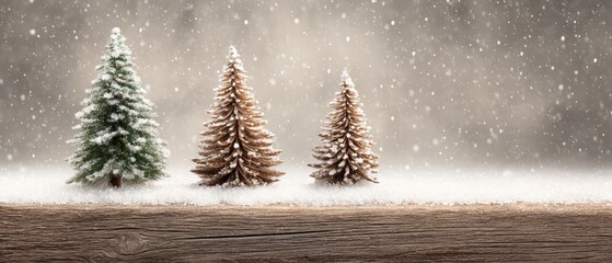 Wall Mural - Three small snow-covered trees standing in a winter landscape with a soft, white background.