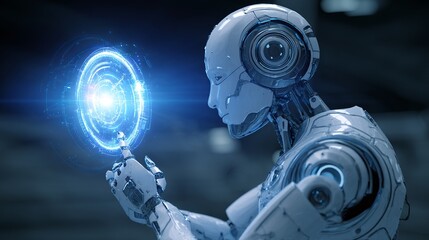 Fototapete - Advanced Futuristic Robot Interacting with Holographic Interface Futuristic Technology Digital Art Artificial Intelligence Science Fiction Cyberpunk Modern Innovative Digital      