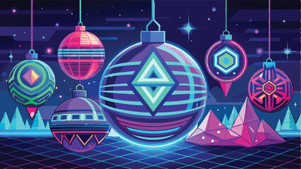 Poster - Colorful vector illustration of holiday ornaments with geometric designs and festive elements creating a cheerful winter atmosphere