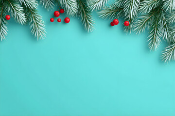 Wall Mural - Elegant Merry Christmas blue background with fir branches and holy. Merry Christmas and Happy New Year greeting card.