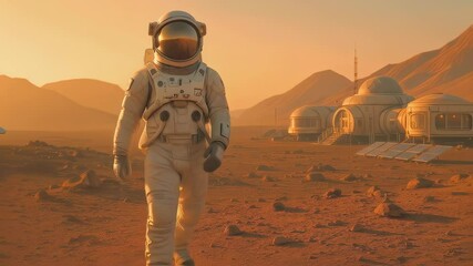 Wall Mural - astronaut in white spacesuit walking near modular habitat structures on rocky terrain with mountaino
