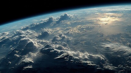 Wall Mural - earth viewed from space with clouds in foreground and sunlight filtering through them in the backgro