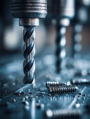 Aufkleber - Drill and Screws in Action on Steel Sheet Surface in a Well-Lit Workspace With a Soft Background