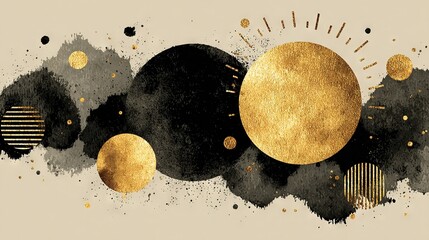 Wall Mural - a black and gold abstract painting features circles and dots on a beige background, with a prominent
