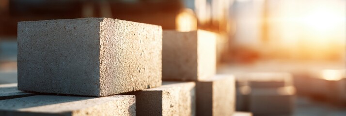 Leinwandbilder - Lightweight Blocks Arranged in the Sunlight With a Soft Background Showcasing a Construction Site at Dawn