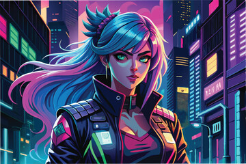 Poster - Futuristic cyberpunk woman stands confidently in neon cityscape under glowing skyscrapers at night