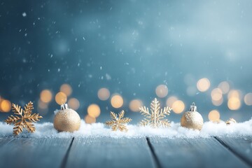 Wall Mural - Three colorful Christmas ornaments on a rustic wooden table dusted with snow, winter holiday decor.