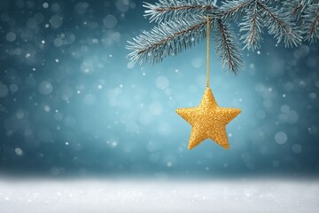 Wall Mural - Close-up of a gold Christmas star ornament hanging on a green pine tree branch with blurred lights background.