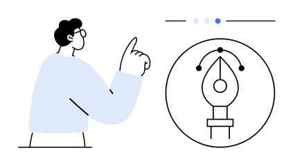 Person pointing to a pen tool icon symbolizing graphic design and creativity, surrounded by interface elements. Ideal for education, innovation, creativity, brainstorming, graphic design, technology