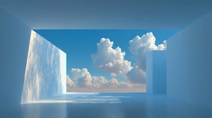 Wall Mural - a room with a blue sky and white clouds peeking through the window frames, and a door leading out to