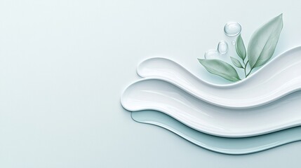 Poster - White Cream Waves with Green Leaves and Water Drops on Blue Background