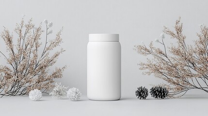 Leinwandbilder - White Cylindrical Bottle Mockup with Minimalist Floral Decor