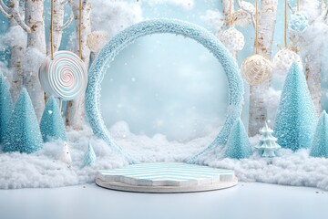 Wall Mural - Snow-covered landscape featuring a large mirror reflecting winter trees under a clear sky.