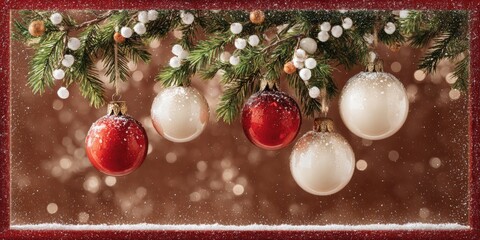 Wall Mural - Colorful Christmas ornaments hanging from a green tree branch with soft natural light, festive holiday decoration.