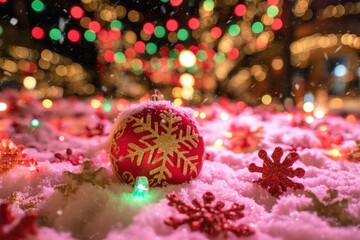 Wall Mural - Red and gold Christmas ornament resting on white snow with soft natural light, festive holiday decoration.