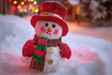 Sticker - A white snowman with a carrot nose stands on fresh snow under a clear blue winter sky.
