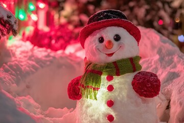 Wall Mural - A white snowman with a carrot nose stands on fresh snow under a clear blue winter sky.