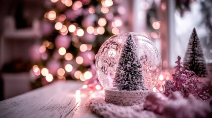 Wall Mural - Clear snow globe featuring a detailed green tree inside, set against a white background with soft lighting.