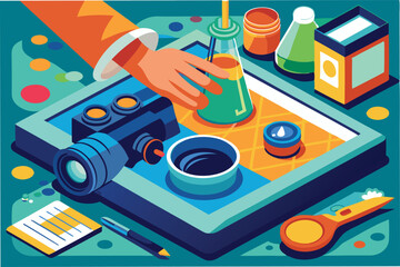 Poster - Creative hand using a camera to capture vibrant vector illustrations and clipart elements in a colorful laboratory setup with various supplies