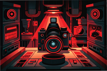 Aufkleber - Creative vector illustration featuring a large camera in a futuristic photography studio with dramatic lighting