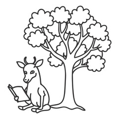 Cute Cartoon Giraffe Sitting Under Tree – Black & White Line Drawing