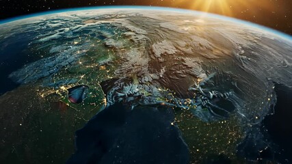 Wall Mural - Digital  of Earth at night from space with lights showing human settlements, viewed from a high orbit during twilight hours.