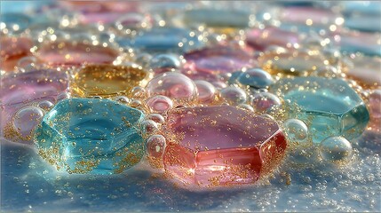 Wall Mural - a gold-flecked bath tub with a blue background and several soap bubbles resting upon it