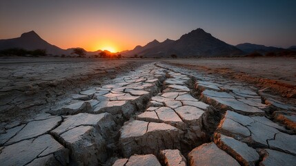 Wall Mural - cracked road in desert with sun setting on distant mountains