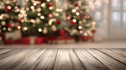 Wall Mural - Rough wooden table surface with blurred Christmas tree decorated with lights in the background.