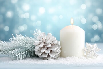 Wall Mural - Lit candle and pine cone placed on fresh snow, creating a warm winter scene with natural textures.